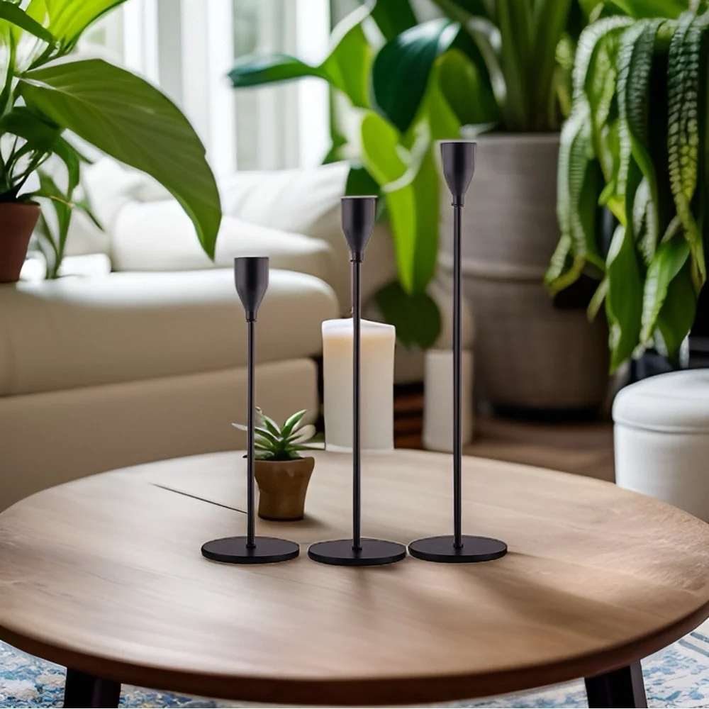 New West Elm Black Matte Boho Tapered Candlestick Candle Holders Decor Set of 3